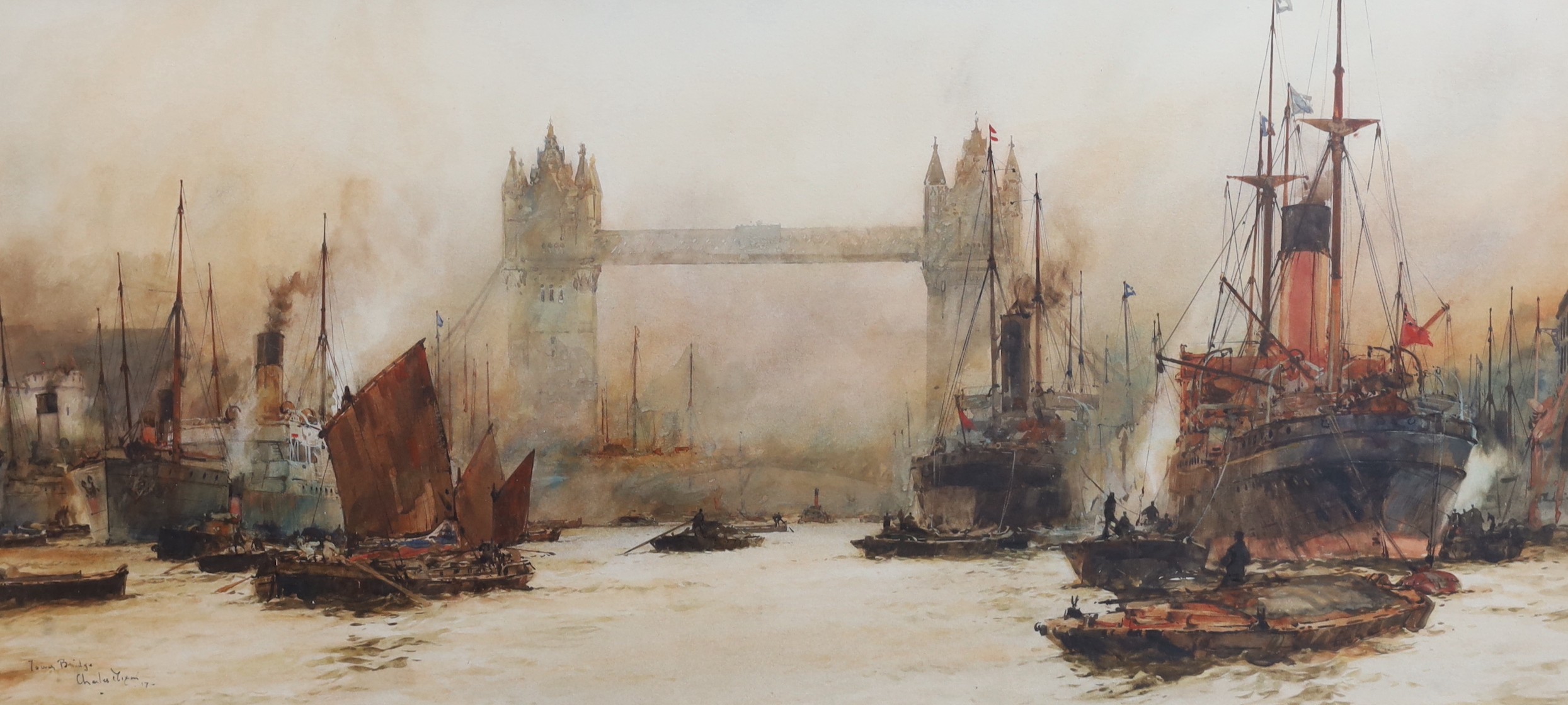 Charles Edward Dixon (1872-1934), Tower Bridge, watercolour, 35 x 75cm.